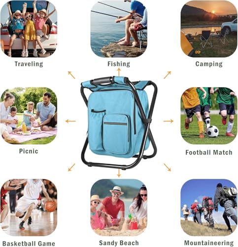 Kikerike Backpack Stool Cooler Chair Heavy Duty 300 LBS Max Load Portable Lightweight Folding Fishing Cooler for Camping Hunting Fishing - Sky Blue - color: Sky Blue