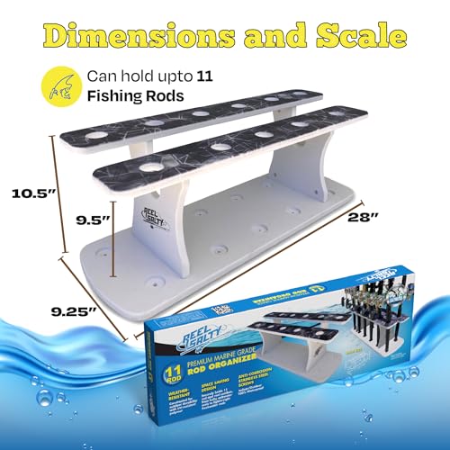 Rush Creek Creations Reel Salty Gray/White/Blue 11-Rod Marine Grade Fishing Rod Holder - Bi-Level Design, UV-Resistant, 100% Waterproof for Garage and Dock - size: 11-Rod