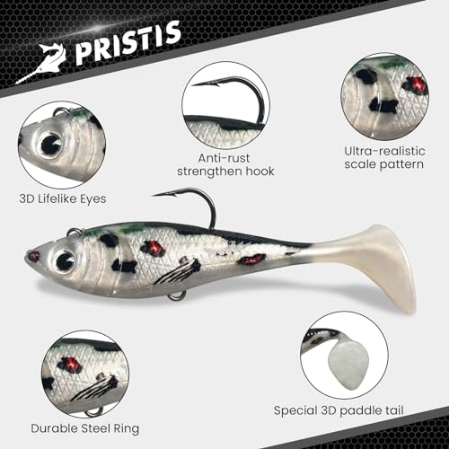 Pristis Jig Head Fishing Lures for Freshwater Saltwater, Weedless Swim Jig Teasers with Sharp Hooks & Exquisite Coating, Pre-Rigged Vibrating Swimbaits Kit Gear for Bass Crappie Walleye Trout Pike - color: 6 pcs Paddle Tail Soft Lures