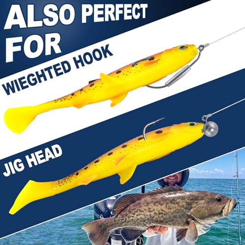 Alwonder 2-Pack Fishing Swimbait Soft Plastic Lures Saltwater, 6.1IN Texas Rig Paddle Tail Swim Baits Freshwater, Sinking Paddle Tail Soft Lure Bait for Pike Musky Bass Tarpon Halibut Mackerel Grouper - color: Black and White