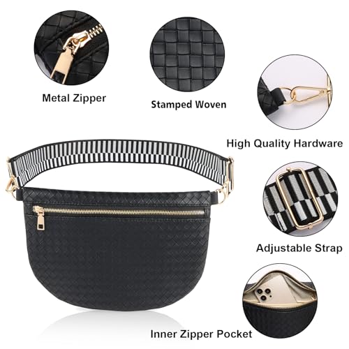 Woven Crossbody Bags for Women Leather Belt Bum Sling Purse Fanny Waist Pack Chest Shoulder Bag for Women-Black - color: Black