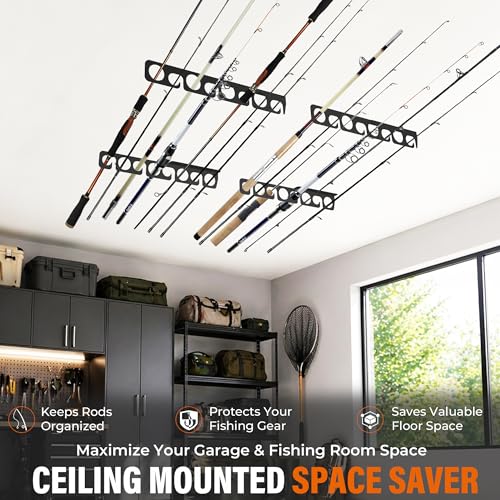 WIPHANY Fishing Rod Racks Wall or Ceiling Fishing Rod/Pole Rack Holder Storage Hook Holds Fishing Rods Wall Mounted for Garage Cabin and Basement - color: Black-Classic Store 16 rods