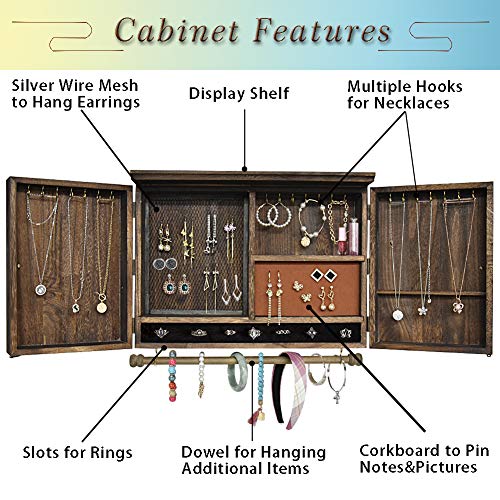 Rustic Wall Mounted Jewelry Organizer,Vintage Wooden Hanging Jewelry Holder Box with Barndoor Decor for Necklaces, Earings, Bracelets, Rings, Accessories. Includes Hook Organizer - color: RUSTIC BROWN
