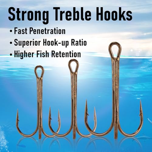 Dr.Fish 30 Pack Round Bend Treble Hooks #16-#8/0, Triple Fishing Hooks Saltwater&Freshwater, Replacement Hardbait Crankbait Spinner Catfish Walleye Trout Salmon Bass Fishing - color: Bronze, size: #1/0-30 Pack