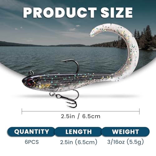 Pre-Rigged Soft Fishing Lures with Weedless Hook, Lifelike Paddle Tail Swimbaits for Bass Fishing, Freshwater & Saltwater Curly Type Tail Soft Plastic Baits for Bass, Pike, Trout, and Walleye. - color: B-2.5"-0.19oz