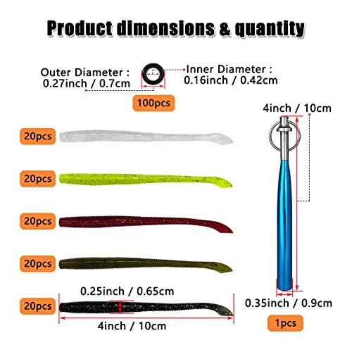 Worm Soft Plastic Bait Kit 100PCS 4 inch Worms Fishing Lures 100PCS O-Rings and Wacky Rig Tool Fishing Worms for Bass