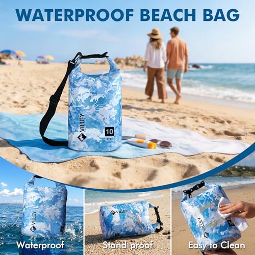 VILLEY Dry Bag Waterproof 20L Roll Top Storage Backpack, Keeps Gear Dry Lightweight Backpack for Kayaking Boating Camping Swimming and Beach Accessories Blue Camo - color: Blue Camo, size: 20L