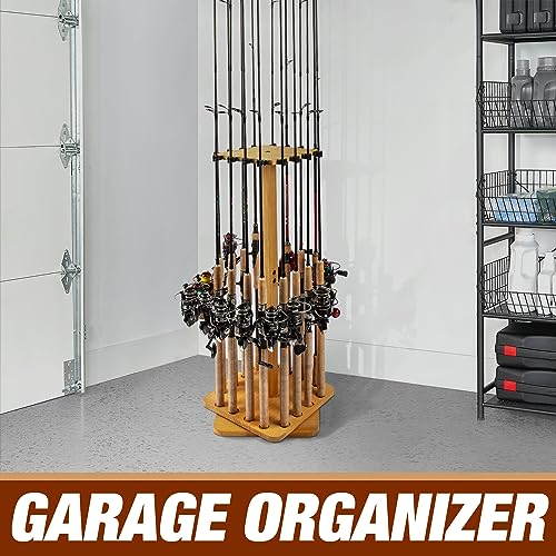 Ghosthorn Fishing Rod Holders for Garage 360 Degree Rotating Fishing Pole Rack, Floor Stand Holds up to 16 Rods Wood Fishing Gear Equipment Storage Organizer, Fishing Gifts for Men Women - style: nature-new
