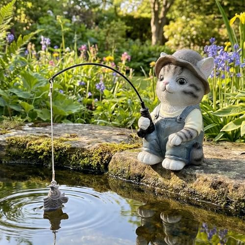 GARDEN WHISPER Cat Statue Outdoor Koi Pond Garden Decoration, Grey Cat Decor for Yard 7.1'' Fishing Tabby Statue Outdoor Garden Decor, Fishing Guy for Waterfalls or Koi Pond Additioanl, Gifts for Mom - color: Fishing Cat（grey）