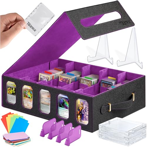 5-Row Mtg Trading Card Storage Box With Display Windows - Magnifier Ruler, 2 Display Stands, 7 Cardholders - 3000+ Card Case With Magnetic Closure, Sports TCG Card Organizer - Purple Card Boxes - color: Black, Purple (5 Row)