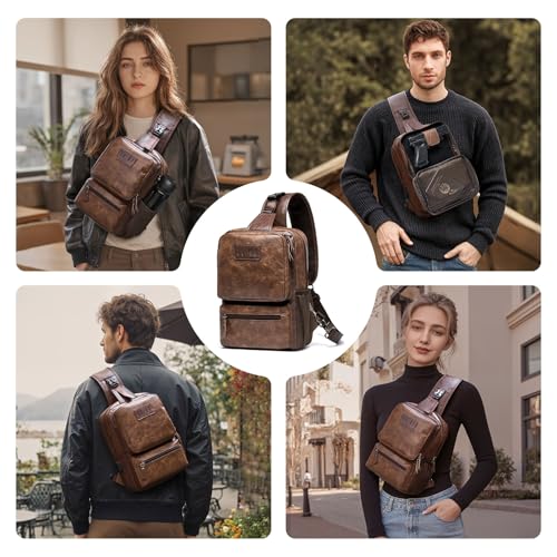 MOYYI EDC Crossbody Bag for Men Leather Sling Bag, Tactical Chest Bag with USB Charging Port, 7L Small Casual Daypacks for Travel - color: 8069brown