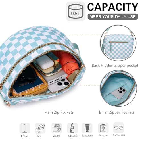 Pure Colour Crossbody Bum Bags for Women Spacious Checkered Cross body Bag Nylon Trendy Fanny Pack for Travel - color: Light Blue Checkered