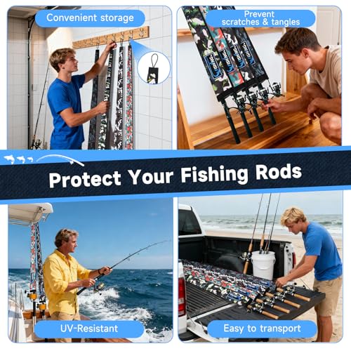 Neoprene Fishing Rod Sleeves for Casting, Spinning, Trolling Pole - Protective Cover Rod Sock with Hanging Loop & Lanyard- Floating, Puncture Resistant, Lightproof - size: 65", style: 4 Pcs