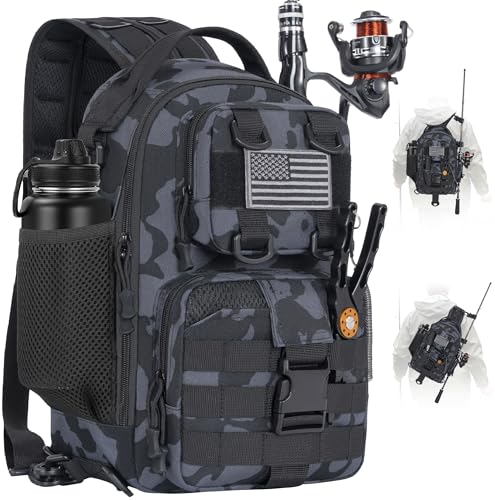GMAK Fishing Backpack Tackle Sling Bag, Tactical Fishing Tackle Backpack with Rod & Gear Holder, Lightweight Outdoor Water-Resistant Tackle Gear Pack Shoulder Bags for Men Women, Black Camo - color: Black Camo, size: Standard, style: Sling Backpack