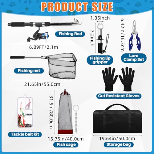 MiniInflat Telescopic Fishing Rod and Reel Combo, 6.89ft 2pcs Collapsible Rod with Plier Lip Gripper Lures Carrier Bag Pre-Loaded Spinning Reel Saltwater Freshwater Fishing Pole Kit - color: Black