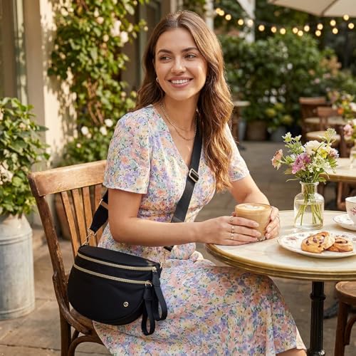 Womens Crossbody Bag, Spacious Nylon Bum Bag Trendy Shoulder Purse with Adjustable Strap Zipped Travel Essentials - color: 51a-black