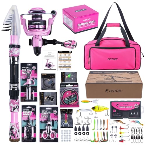 Goture Pink Fishing Rod and Reel Combo - ML Action Spinning Reel Pole with Pink Bag - Telescopic Rod Kit for Starter Travel Saltwater Freshwater, Gift for Woman - color: Pink Pole - Duffle Bag (w/ Bottle Opener), size: 9FT/2.7M