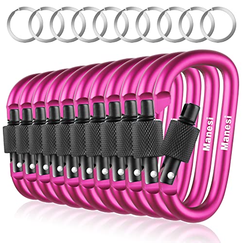 10 Pack 3Inch Aluminum D Ring Key Rings Hiking Clips Locking Carabiner for Hiking Camping Fishing and Outdoor Use，Clips with Screw Gate Multicolored - color: Pink