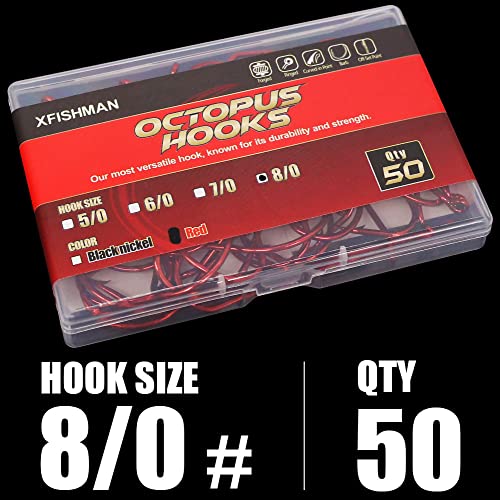 Octopus-Hook-Fishing-Beak-Circle-Hooks-Freshwater-Red-Black-100-50 Pack - color: 1-Red, size: Size:8/0 50-Pack