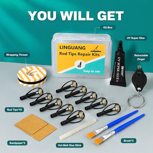 Fishing Rod Tip Repair Kits for Surf Casting Pole，Complete Supplies inchulde Uv Light and Gule, Stainless Steel Replacement Top Eyelets，Wrapping Thread - color: UV BMGT-C