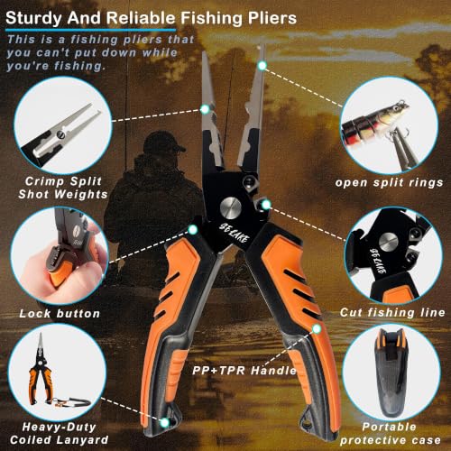 Selake 7 PCS Complete Fishing Tools Set, Fish Lip Gripper with Scale, Fishing Pliers, Hook Remover, Line Cutter & Scissors, Corrosion Resistant for Saltwater Freshwater Kayak Ice Fishing - color: Orange
