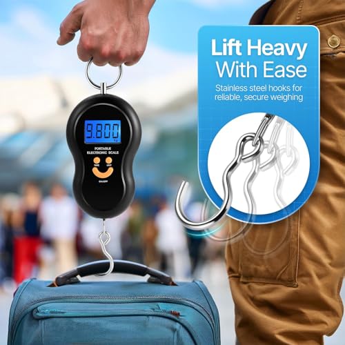 Flexzion Digital Hanging Scale – 110lb/50kg Portable Luggage Scale, and Fish Scale with Electronic Backlight LCD, Stainless Steel Hook