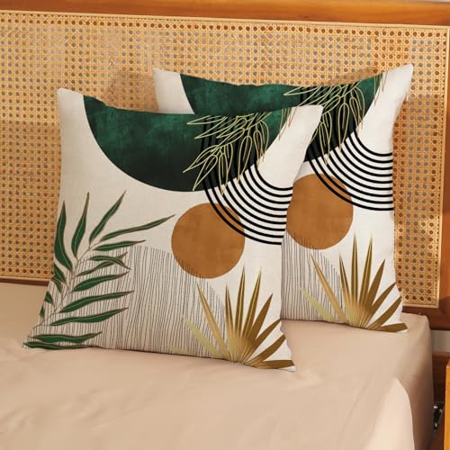 Boho Pillow Covers 18x18 Set of 2 Gold Green Throw Pillows Modern Mid Century Pillowcase Tropical Leaves Orange Sun Decorative Pillows Outdoor Decorations Bohemian Cushion Case for Sofa Home - color: Green-mid Century 1, size: 18" x 18" (Pack of 2)