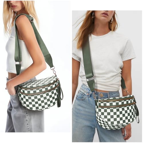 Checkered Crossbody Bum Bags for Women Nylon Checkered Purse Checkerboard Fanny Pack - color: A05-bean Green