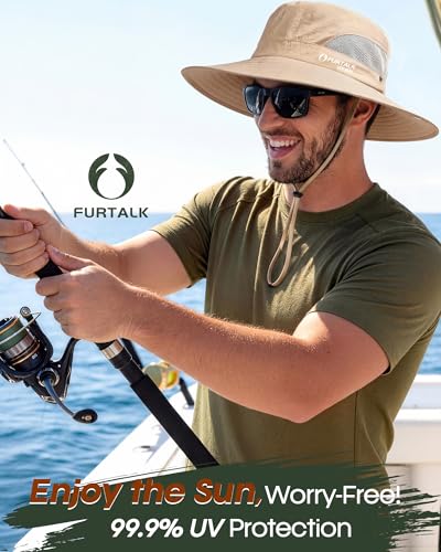 FURTALK Mens Bucket Sun Hat UPF 80+ Wide Brim Hiking Fishing Beach Outdoor Hats - color: Khaki