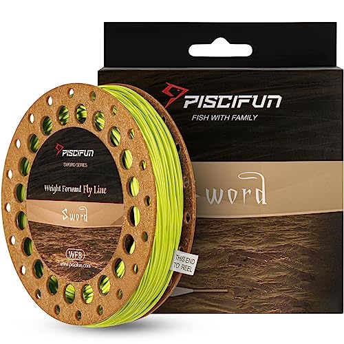 Piscifun Sword Fly Fishing Line with Welded Loop, Weight Forward Floating Fly Line, Available in WF1, WF2, WF3, WF4, WF5, WF6, WF7, WF8, WF9, and WF10 Weights, in Lengths of 90 and 100 Feet - color: Fluorescent Yellow, size: WF-8F 100FT