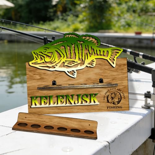 Personalized Fishing Rod Holder Wall Mount Custom Name Fishing Pole Rack for 6 Rods, Wooden Fishing Pole Rod Holders for Garage Storage Organizer Gifts for Men Women (6 Slots)