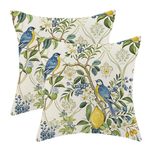 Chinoiserie Blue and Green Floral Bird Pillow Covers 16x16 Set of 2, Yellow Lemon Flower Summer Decorative Throw Pillows Farmhouse Linen Outdoor Cushion Case for Home Couch Sofa Decor - color: Blue Yellow Lemon Bird 1, size: 16" x 16" (Pack of 1)