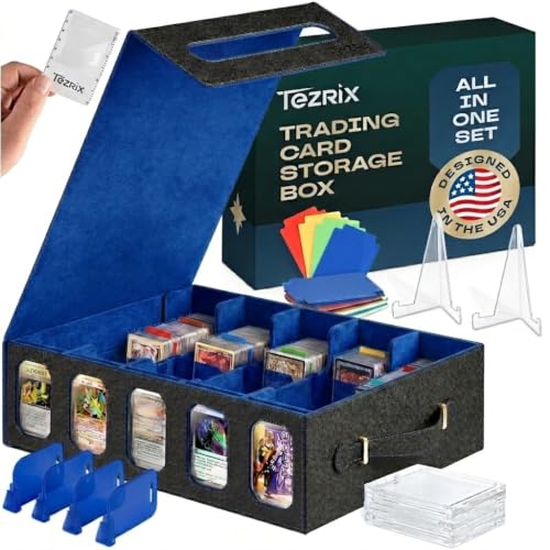 5-Row Mtg Trading Card Storage Box With Display Windows - Magnifier Ruler, 2 Display Stands, 7 Cardholders - 3900+ Card Case With Magnetic Closure, Sports TCG Card Organizer - Blue Card Boxes - color: Black, Blue (5 Row)