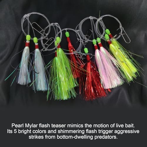 Eupheng Fluke Flounder Hi-Lo Rig, 3/0 5/0 5PCS Saltwater Fishing Bait Rigs with Mylar Teaser for Surf Ocean Fishing Sea Bass Halibut Rockfish Cod - size: Wide Gap Hook-#5/0-5PCS