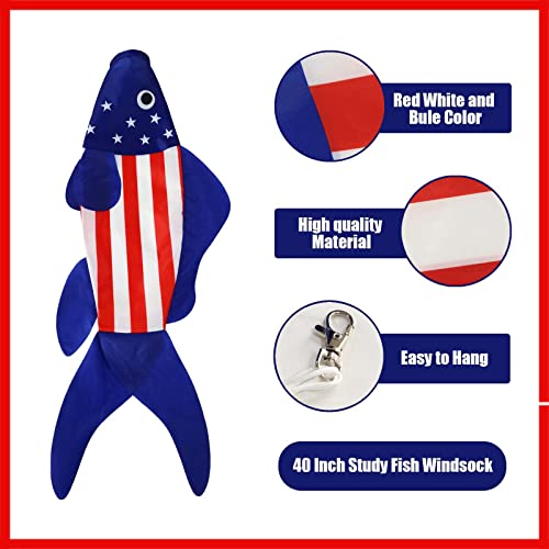 USA American Fish Wind Sock | Patriotic Wind Socks for Outside 40 Inch Summer Windsocks Durable - color: blue