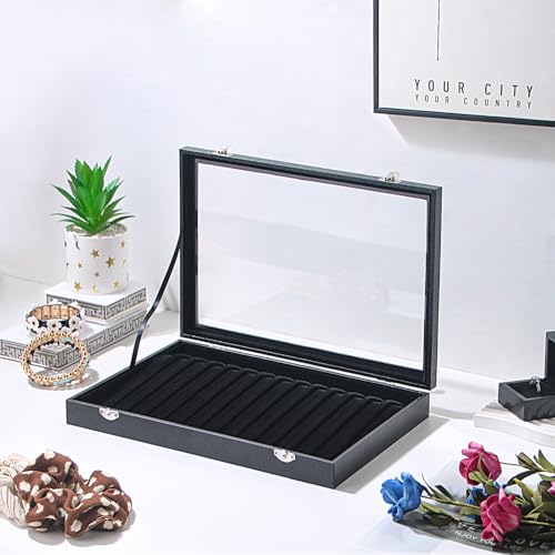 14 Hooks Necklace Storage Tray, Velvet Neckalce Organizer Box with Clear Lid, Pendant Chain Necklace Jewelry Organizer Drawer Tray for Women Girls (Black) - color: Black