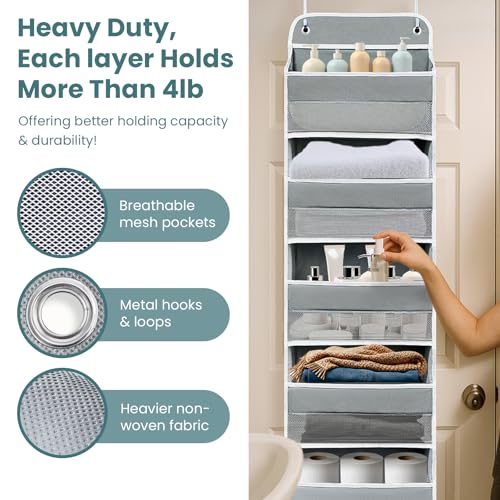 Easy Assembly Over The Door Organizer, 5 Shelves& 8 Side Pockets, Heavy-Duty Reinforced Mesh Rack Holds 44lb, Hanging Behind Door Storage for Bathroom Pantry, Nursery, Closet, Shoes, Towels-Grey - color: Grey, size: 5 shelf