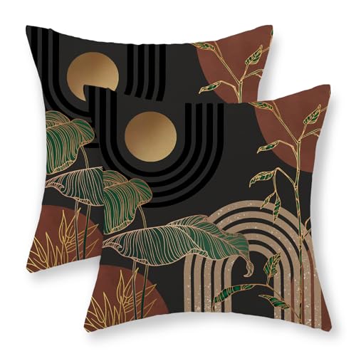 Boho Grey Rust Brown Pillow Covers 18x18 Set of 2 Gold Green Leaf Tropical Mid Century Throw Pillows Outdoor Bohemian Modern Decorative Pillowcase Farmhouse Cushion Case for Couch Sofa Decor - color: Mid Century-brown Background, size: 18" x 18" (Pack of
