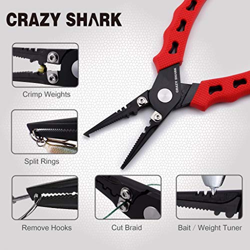 Fishing Pliers, Stainless Steel Fishing Tools, Saltwater Resistant Fishing Gear, Tungsten Carbide Cutters, Split Ring Pliers, Hook Remover with Coiled Lanyard and Sheath - color: Red B - 6" Split Ring Nose