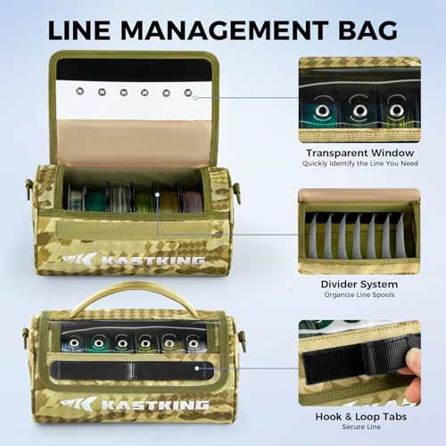 KastKing BaitSpace Line Management Bag, Fishing Line Storage Bag with Water Resistant Nylon, Clear View Window, Removable Divider, Tangle-free Leader Line Holder - color: F: Khaki Camo-Large