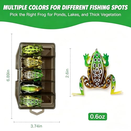 Topwater Frog Lures 5 Pack - Weedless Hollow Body Popping Frog for Bass Fishing, Lifelike Action with Double Hooks for Topwater Strikes