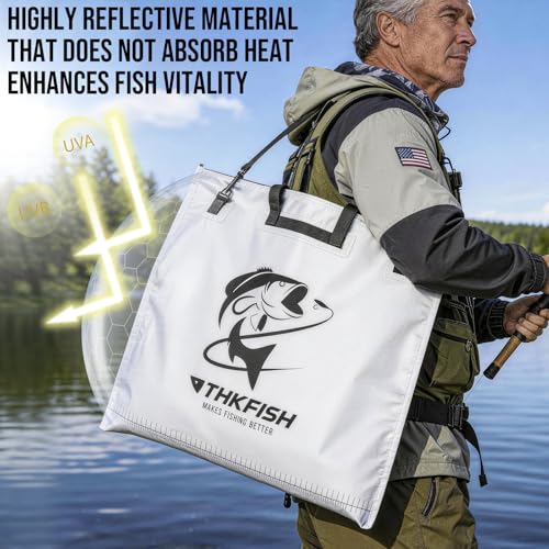 THKFISH Fish Tournament Weigh in Bag for Bass Fishing, Heavy Duty Insulated Live Fish Bag for Caught Fish with Waterproof Zipper and Mesh Liner, Leakproof,Puncture Resistant (White-25×23in with Net) - color: White-25×23in with Net