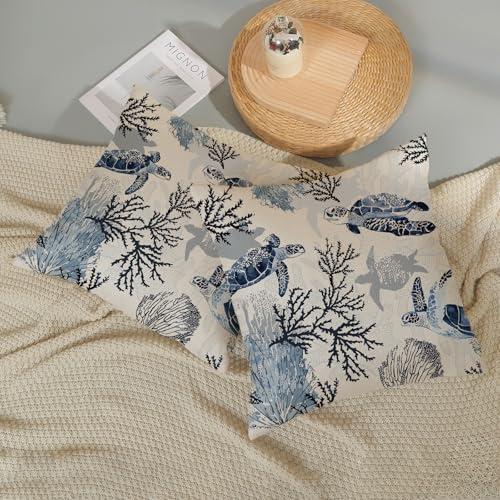 Nautical Coastal Pillow Covers 18x18 Set of 2 Beach Themed Ocean Coral Sea Turtle Decorative Throw Pillows Blue Outdoor Decor Pillow Cases Linen Farmhouse Cushion Case for Sofa Home Holiday - color: Coral Sea Turtle, size: 18" x 18" (Pack of 2)