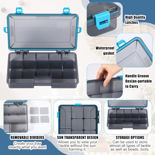 Wonderjune 6 Pack Fishing Tackle Boxes Waterproof 3600 and 3700 Tackle Trays with Removable Dividers Plastic Storage Organizer Bait Vault Camouflage Box for Freshwater Saltwater (Blue,3600) - color: Blue, size: 3600