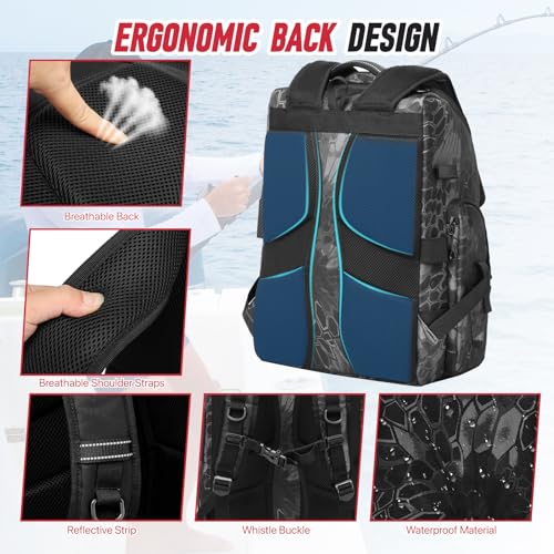Fishing Tackle Backpack, 40L Tackle Bag with 2 Rod Holders & 4 Tackle Boxes, Water-Resistant Large Storage Fishing Gear and Equipment, Fisher Gifts for Men, Black Camo - color: B-Black Camo with 4 Tackle Boxes