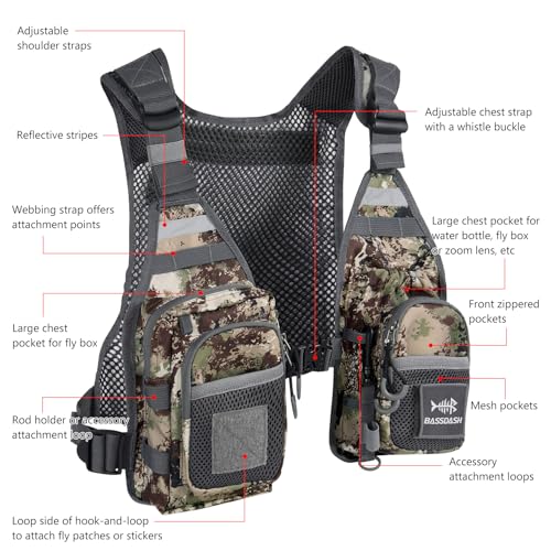 BASSDASH FV08 Ultra Lightweight Fly Fishing Vest for Men and Women Portable Chest Pack - color: Grunge Camo
