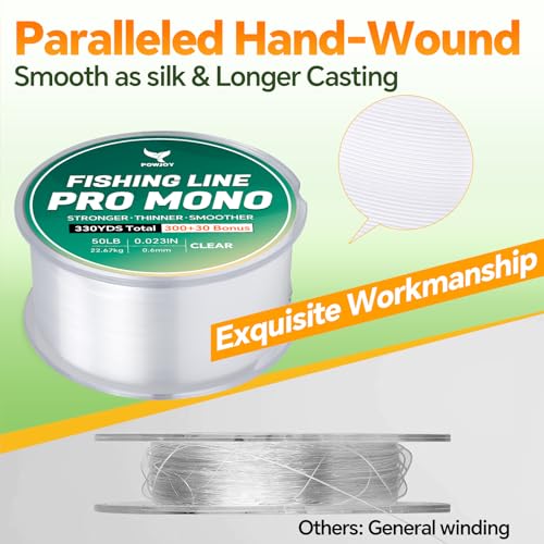 Monofilament Fishing Line with Knot Guide Card, Tangle-Free Snap Ring for No More Mess, Low Memory Smooth Casting Nylon Mono String, 15/20/30/50/80LB, 220-1050 Yards - color: Clear, size: 50LB 330Yards