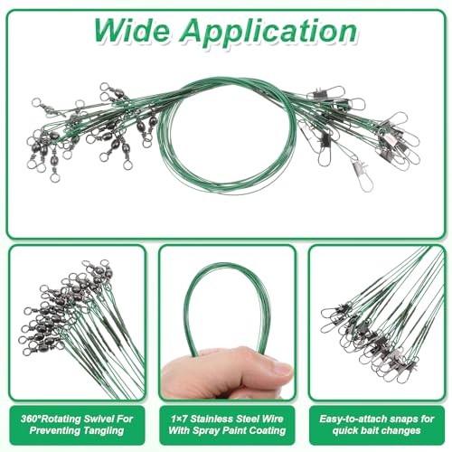 50 Pcs Fishing Leaders with Swivels, Steel Wire Fishing Leader | High-Strength Anti-Bite Wire Leader Line Kit for Saltwater Freshwater, Connects Lures, Hooks, Rigs (Green, 4/6/8/10/12 Inch) - color: Green