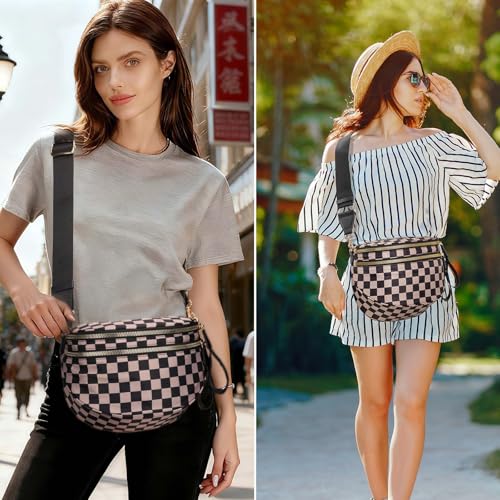 Pure Colour Crossbody Bum Bags for Women Spacious Checkered Cross body Bag Nylon Trendy Fanny Pack for Travel - color: Khaki Black Checkered