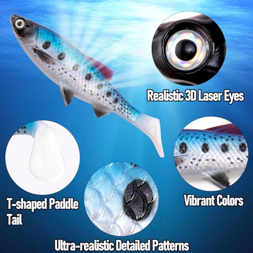 Alwonder 2-Pack Fishing Swimbait Soft Plastic Lures Saltwater, 6.1IN Texas Rig Paddle Tail Swim Baits Freshwater, Sinking Paddle Tail Soft Lure Bait for Pike Musky Bass Tarpon Halibut Mackerel Grouper - color: Black and White
